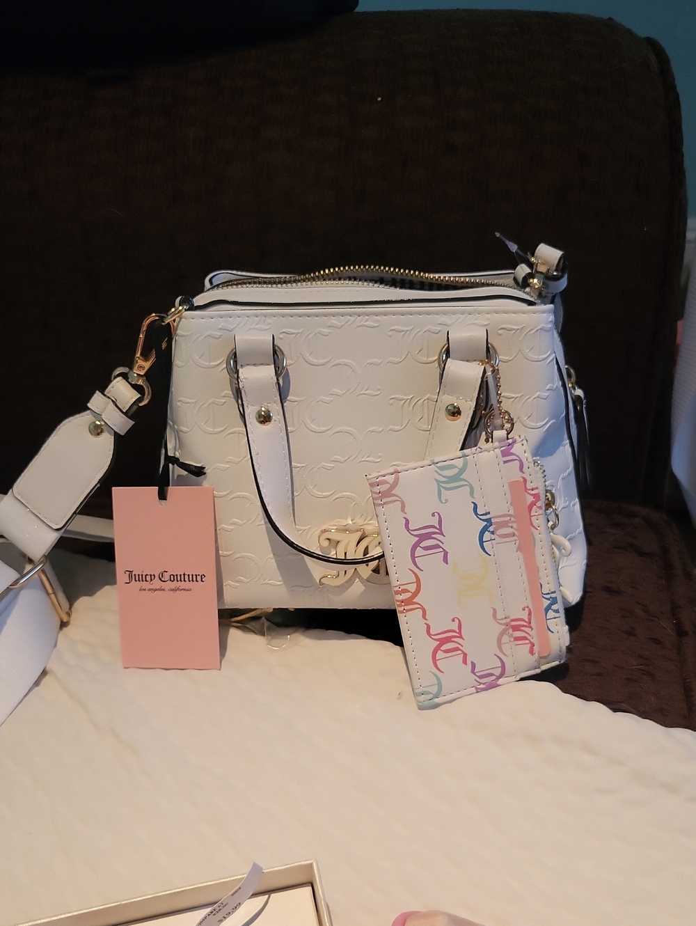 Juicy Couture White Embossed Satchel with Multicolor Logo Cardholder